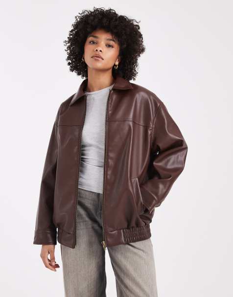New Look faux leather oversized bomber jacket in dark brown