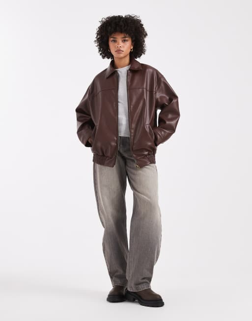 New Look faux leather oversized bomber jacket in dark brown, 2 of 4