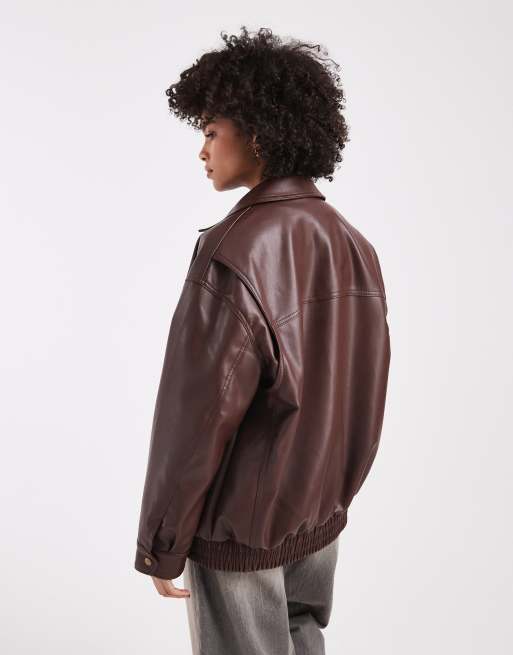 New Look faux leather oversized bomber jacket in dark brown, 3 of 4