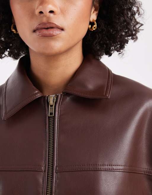 New Look faux leather oversized bomber jacket in dark brown, 4 of 4