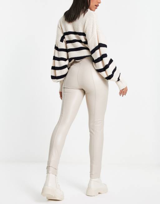 Cream Coated Leather-look Leggings New Look Vegan from NEW LOOK on 21  Buttons