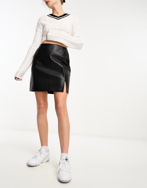 New Look faux leather side split min skirt in black ASOS