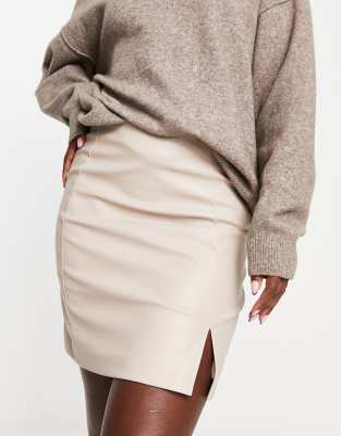 New Look New Look faux leather side split mini skirt in cream-Neutral