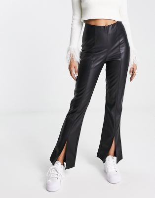 Stradivarius Petite Faux Leather Trousers With Split Front Detail In Black