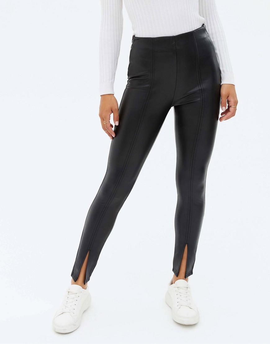 Shop New Look Faux Leather Split Front Pants Legging In Black