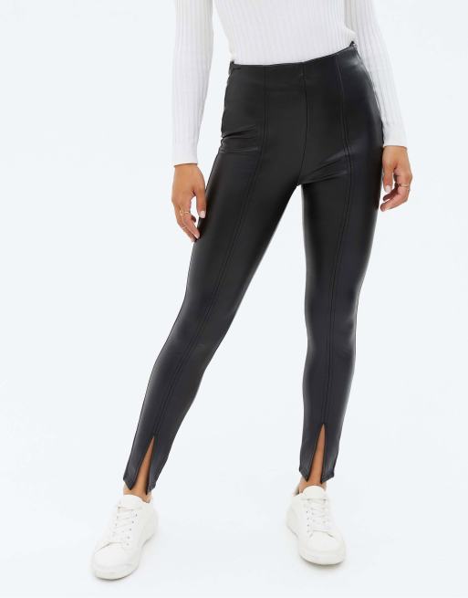 Tall Black Faux Leather Split Hem Leggings