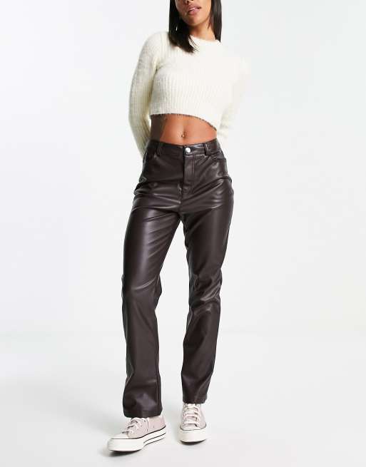 NA-KD faux leather low rise pants in brown