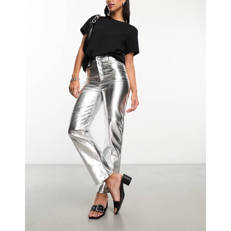 New Look faux leather straight leg pants in silver