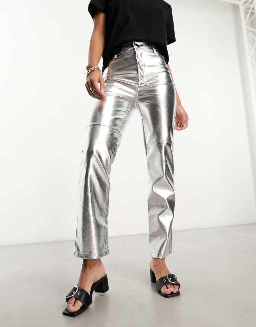 Stradivarius straight leg faux leather pants in black