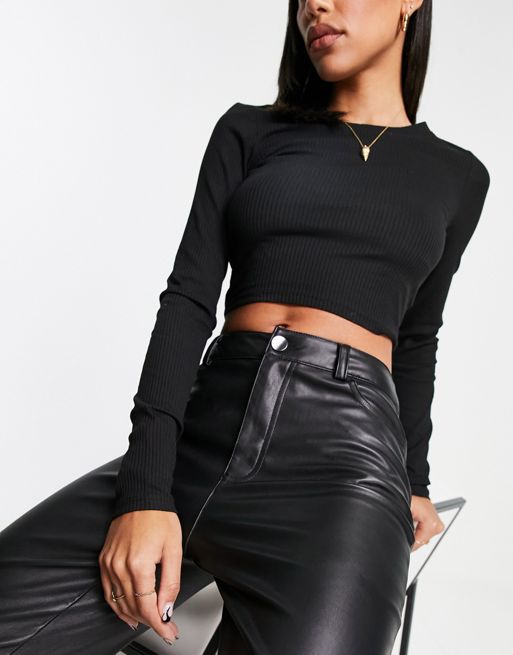 Black Leather-Look Straight Leg Trousers