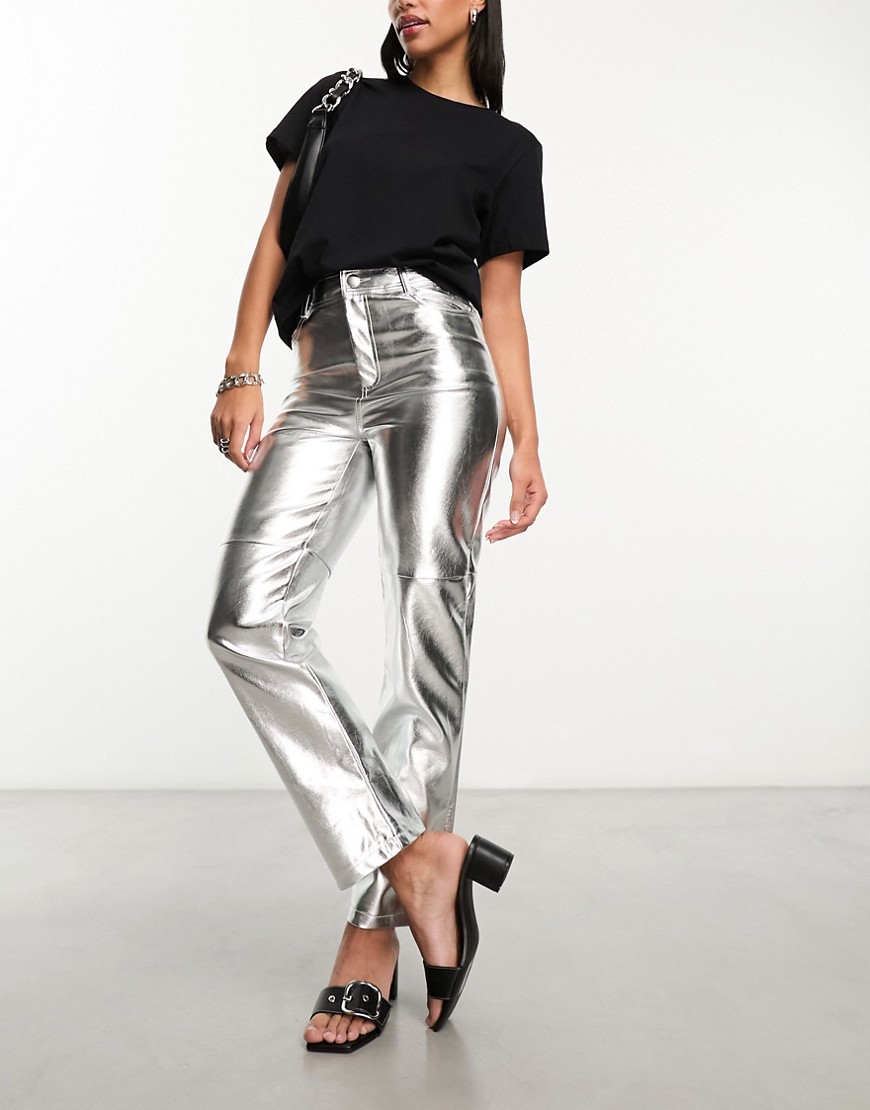 New Look faux leather straight leg trousers in silver