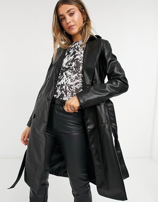 New Look faux leather trench coat in black
