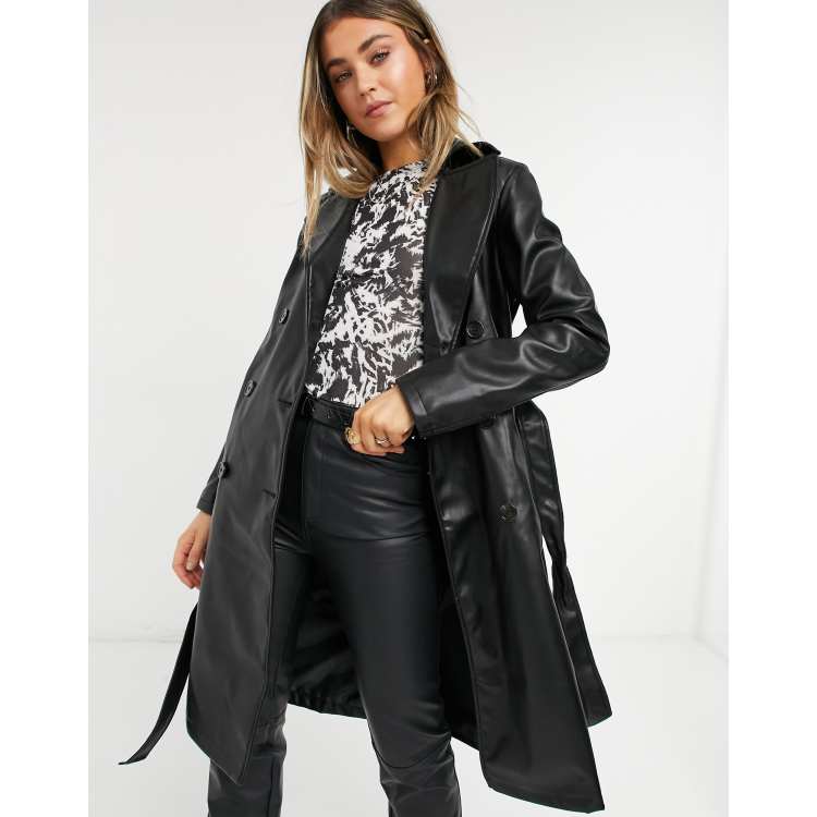 New Look faux leather trench coat in black ASOS