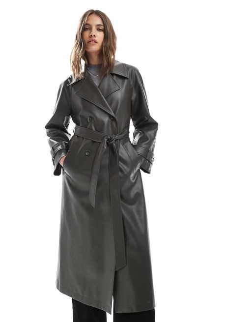 New Look faux-leather trench coat in khaki, 3 of 4
