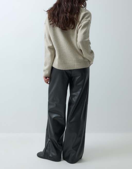 New Look faux leather wide leg pants in black, 3 of 5