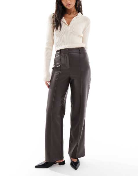 New Look faux leather wide leg trousers in dark brown - view 1