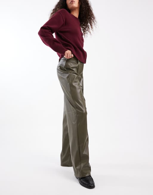 New Look faux leather wide leg trousers in khaki, 2 of 5