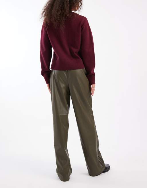 New Look faux leather wide leg trousers in khaki, 3 of 5