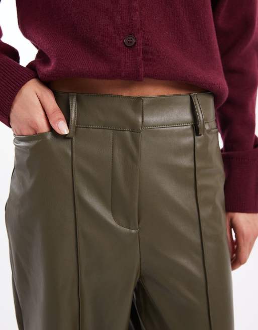 New Look faux leather wide leg trousers in khaki, 4 of 5
