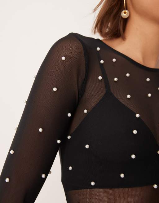 New Look faux pearl mesh long sleeve top in black, 2 of 4