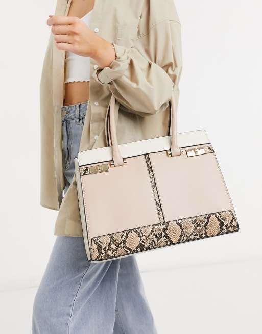 Light pink contrast shop snake panel tote bag