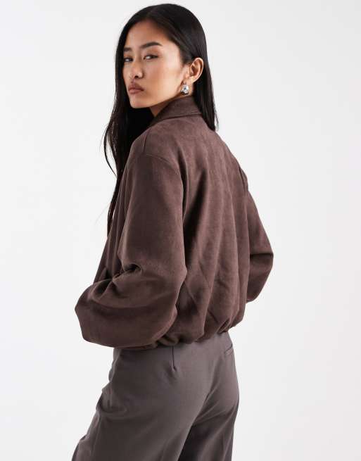 New Look faux-suede bubble hem bomber jacket in brown, 2 of 4
