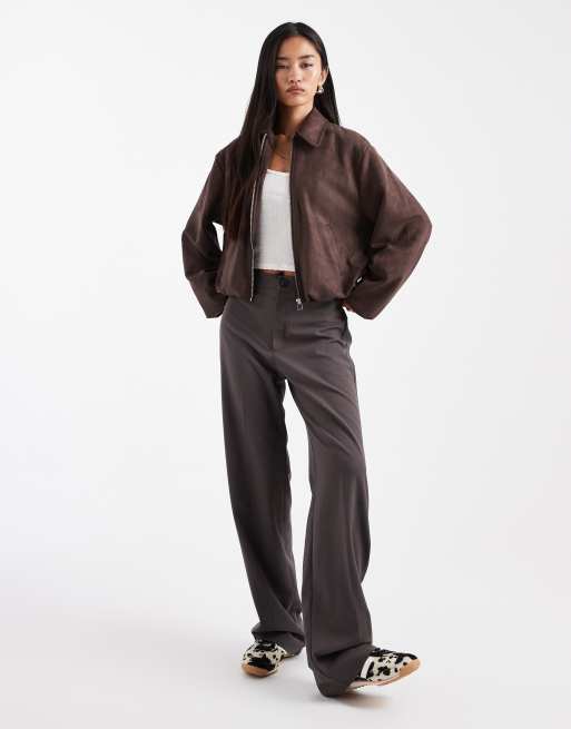 New Look faux-suede bubble hem bomber jacket in brown, 3 of 4