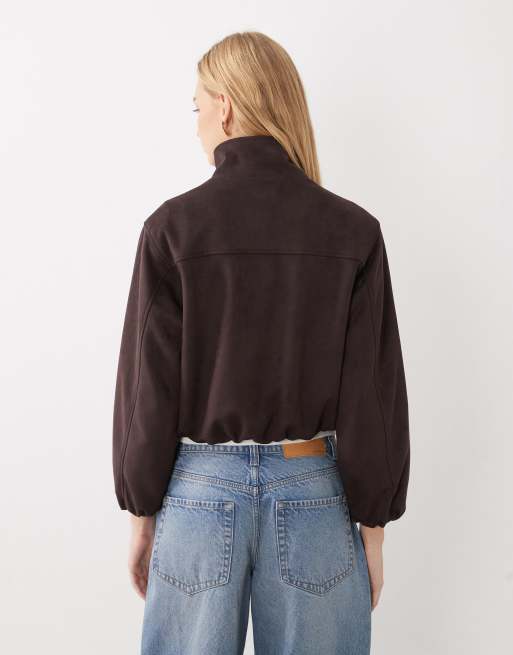 New Look faux suede bubble hem jacket in dark brown, 3 of 4