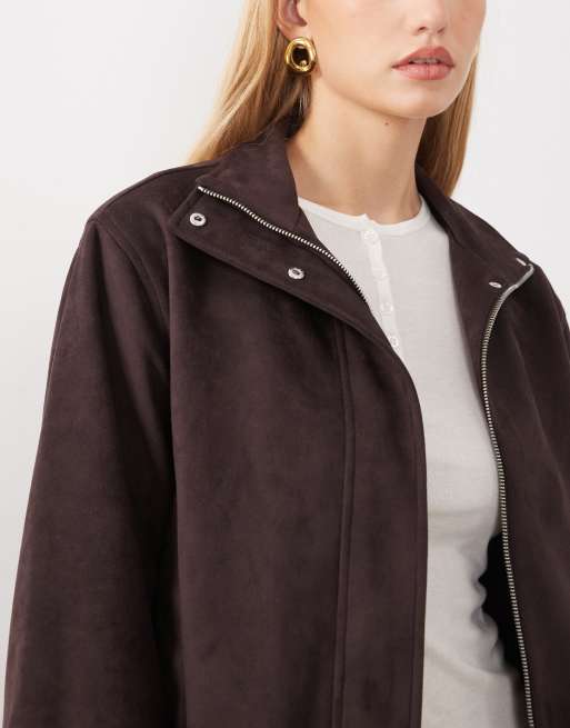 New Look faux suede bubble hem jacket in dark brown, 4 of 4