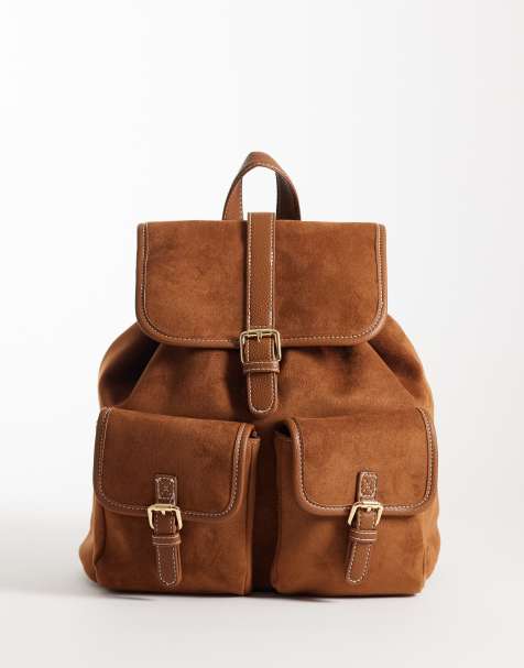 New Look faux suede double pocket backpack in tan - view 1