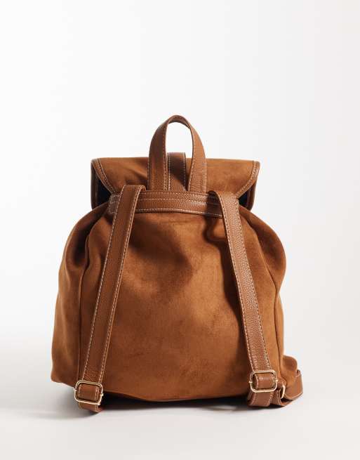 asos mini suede backpack New Look faux suede double pocket backpack in tan
