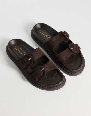  faux suede double strap buckle sandal in mid brown