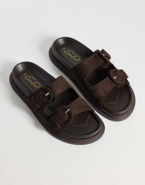 New Look faux suede double strap buckle sandals in mid brown - view 1