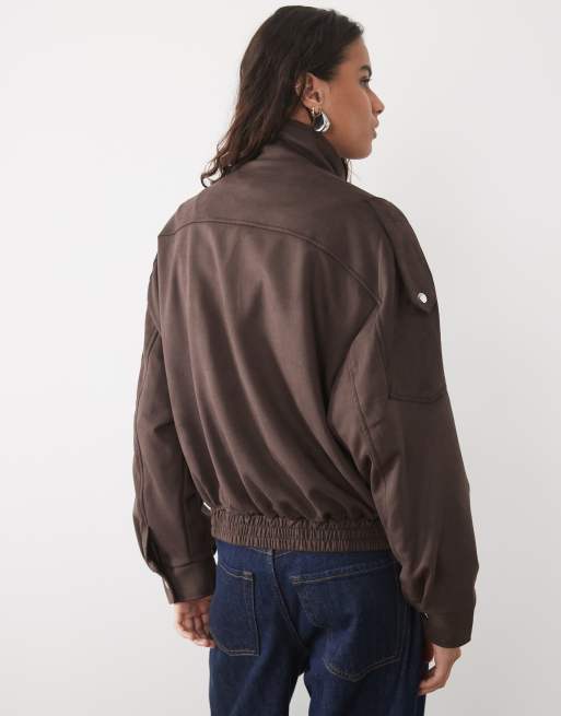 New Look faux suede funnel neck bomber jacket in dark brown, 2 of 4
