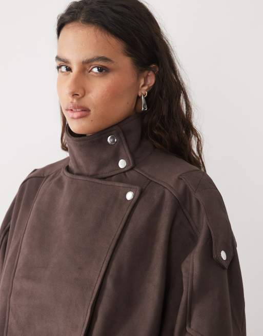 New Look faux suede funnel neck bomber jacket in dark brown, 4 of 4
