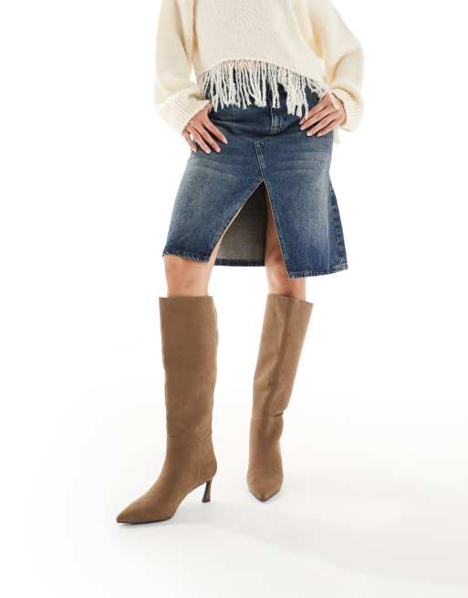 New Look faux suede heeled knee boot in camel ASOS