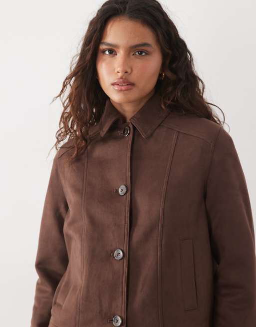 New Look faux suede jacket in dark brown, 3 of 4