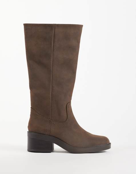 New Look faux suede knee boot in brown - view 1