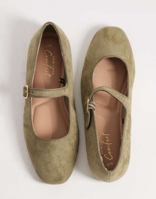 New Look faux suede Mary Jane flats in khaki, 3 of 4