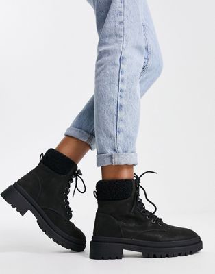 New Look faux suede shearling lace up boot in black