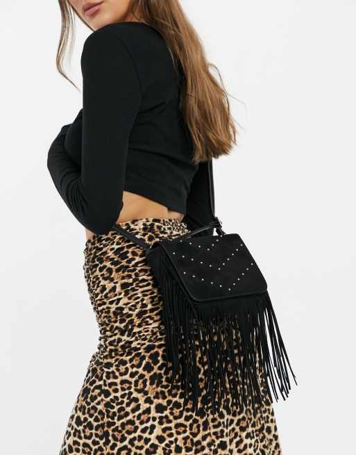 Suede Fringe Studded Cross Body Bag