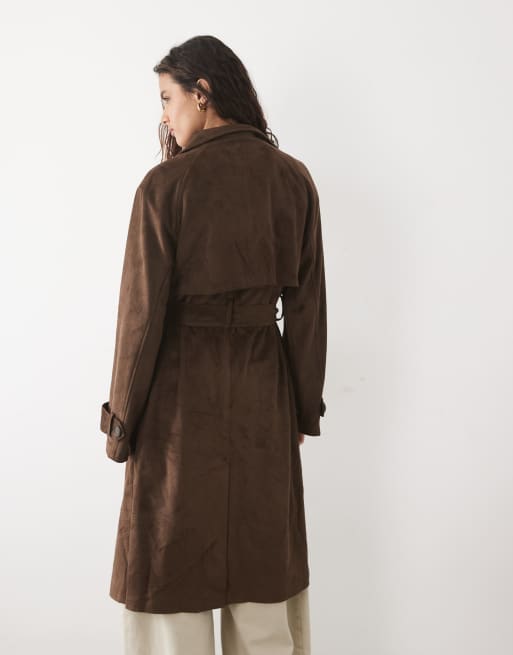 New Look faux suede trench coat in dark brown, 4 of 4