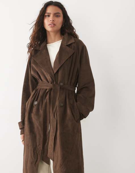 New Look faux suede trench in dark brown - view 1