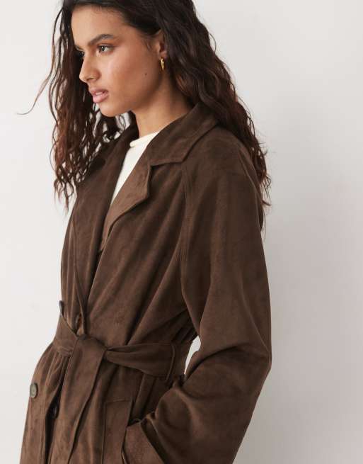 New Look faux suede trench in dark brown, 3 of 4
