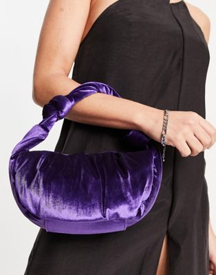 New Look faux velvet shoulder bag with knot handle in purple