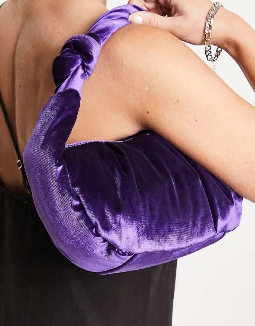 New Look faux velvet shoulder bag with knot handle in purple