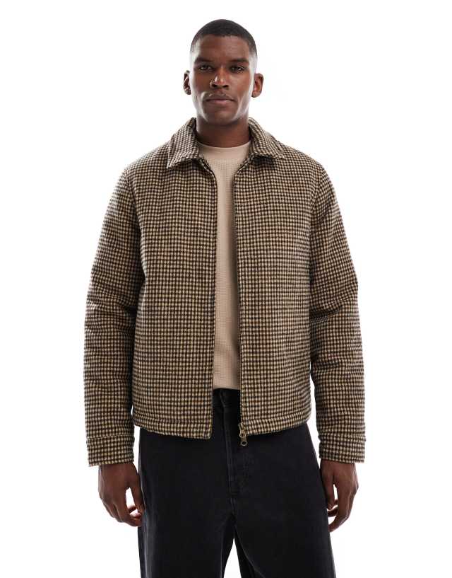 New Look faux wool jacket in brown micro check | ASOS