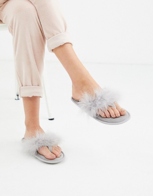 New Look feather flip flop slippers in grey