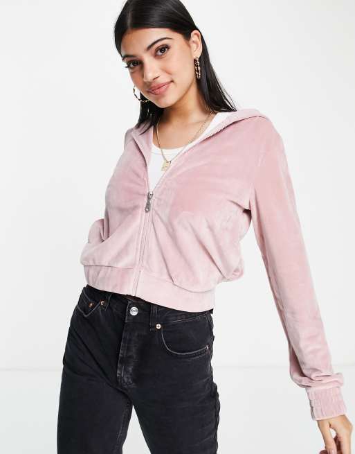 New Look - Felpa con cappuccio in velour rosa con zip in coordinato