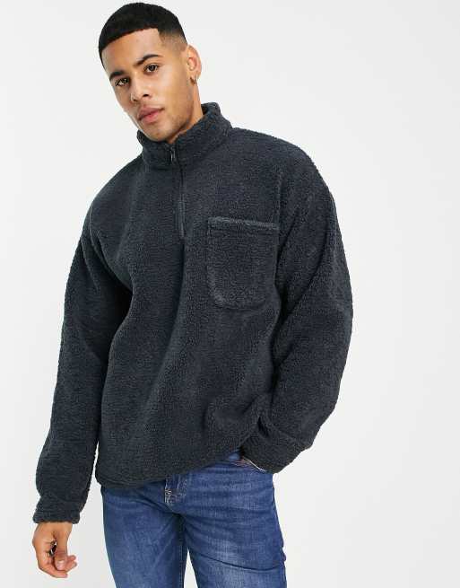 New Look - Felpa con collo a imbuto con zip in pile borg, color blu scuro 